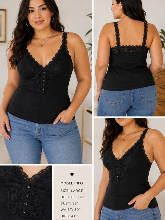Streetwear Society Tops - Streetwear Society L Black Lace Trim Button Front Cotton Tank